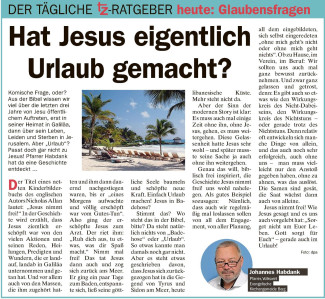  19.08.2022 tz-Ratgeber - Hat Jesus eigentlich Urlaub gemacht?